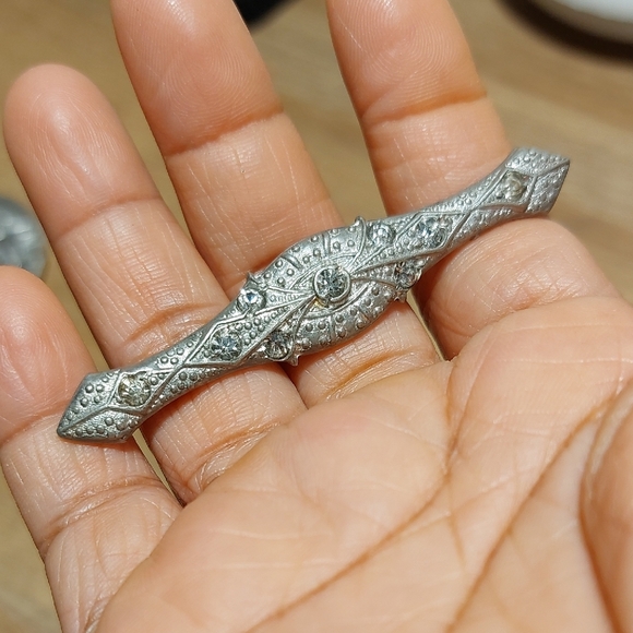 Vintage Jewelry - Vintage Antique Art Deco Rhinestone Embellished Intricate Bar Pin Brooch C Clasp